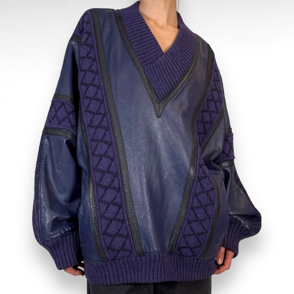 Vintage Leather Wool Sweater Purple Vneck Eclectic Grandpa Knit Oversized Sz XL